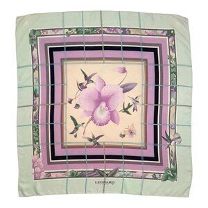 LÉONARD PARIS Purple Floral BIRD Print Scarf Silk Italy 34.5"-33.5" EX COND